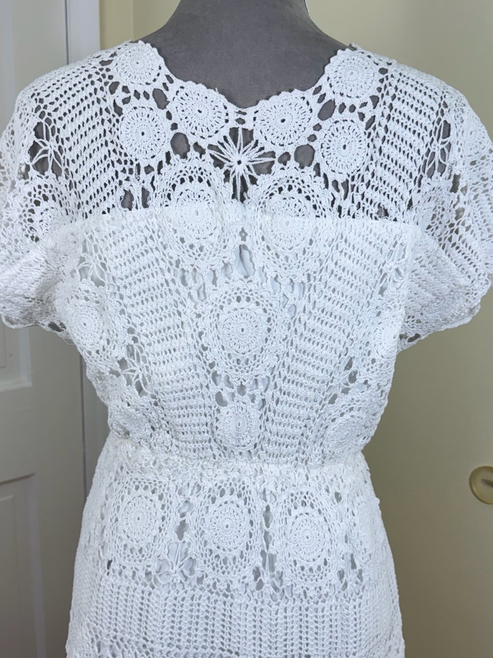 Vintage 70s White Hand Crochet Dress M Midi Cotton Sundress Prairie Boho Bridal - Picture 11 of 16